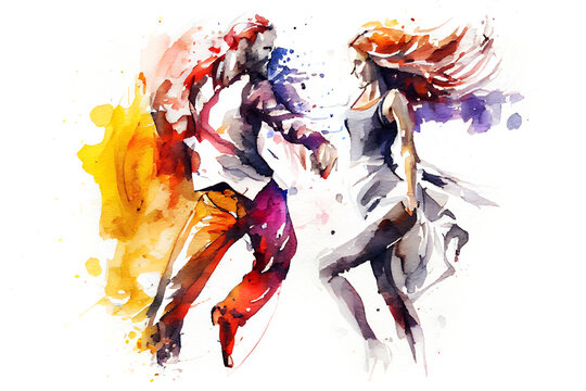 The dancing male and female with colorful spots and splashes on white background.