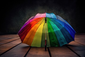  a rainbow colored umbrella sitting on a wooden floor with a black background and a red pencil sticking out of it's handle and the top of the umbrella.  generative ai