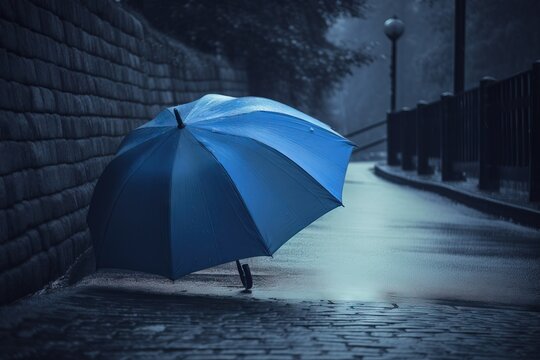  a person holding a blue umbrella on a rainy night in the rain on a cobblestone street in front of a brick wall and fence.  generative ai