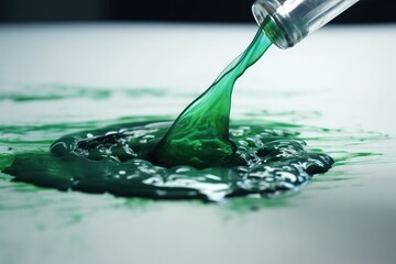  a green liquid pouring out of a bottle onto a table with green paint on the floor and on top of the table is a green substance.  generative ai