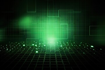  a green abstract background with squares and dots in the middle of the image and a bright light coming from the center of the image in the center.  generative ai