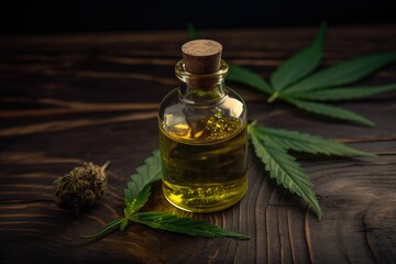  a bottle of cannabis oil next to a marijuana leaf on a wooden table with a cork topper on the top of the bottle and a sprig.  generative ai