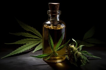  a bottle of cannabis oil next to a marijuana leaf on a black surface with a black background and a light shining on the top of the bottle.  generative ai