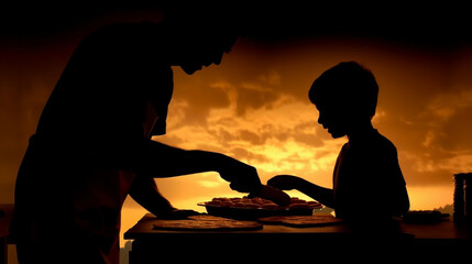 Fototapeta na wymiar Silhouette of a father and son cooking a pizza Generative AI