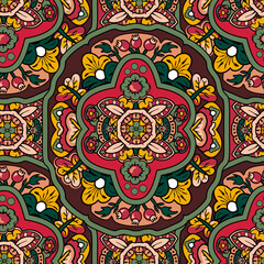 Turkish floral seamless pattern. Paisley folck vector background using mandala. Fantasy decorative repeating tiles with tropical flowers and leaves. Festivale style.