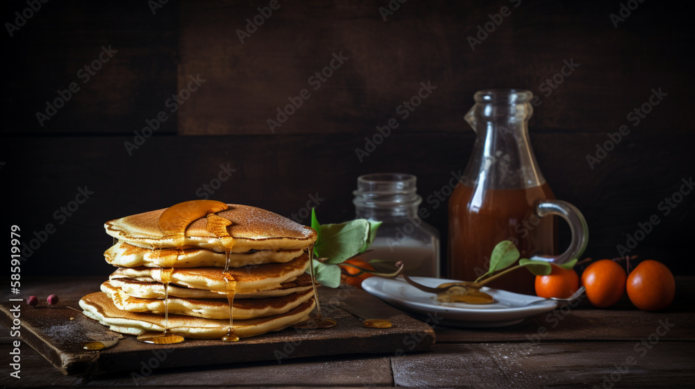 Poster pancake on a rustic kitchen background generative ai