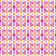 Geometric abstract pattern with simple shapes. Cell. Сolorful squares. Seamless. Cage. Interweaving of structures. Mosaic background in pink, yellow, orange tones