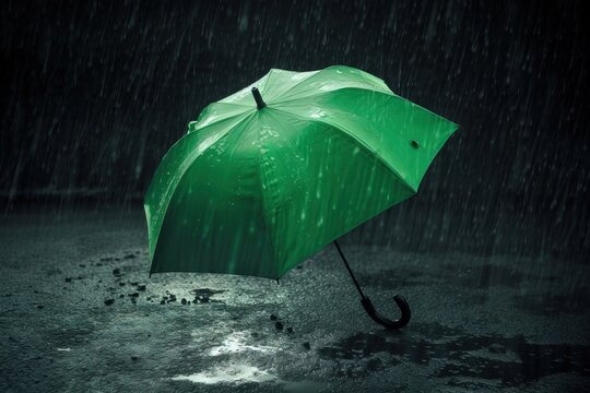  a green umbrella sitting on top of a puddle of water in the dark, it is raining and it's not raining yet it's raining.  generative ai