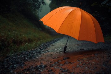  an orange umbrella sitting on the side of a dirt road in the rain on a rainy day in the woods with grass and trees in the background.  generative ai