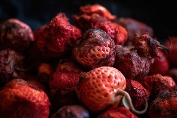  a pile of rotten strawberries sitting on top of each other in a pile on a table next to other fruits on the table and a black background.  generative ai