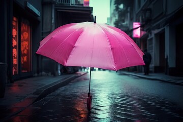  a person walking down a street holding a pink umbrella in the rain at night with a neon light on the side of the street behind them.  generative ai
