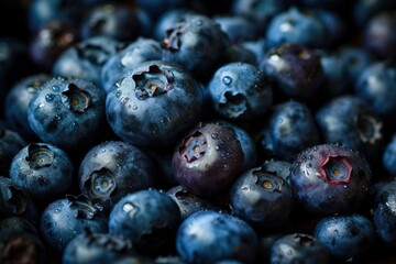  a pile of blueberries sitting on top of a table next to each other on top of a tablecloth covered in drops of water.  generative ai
