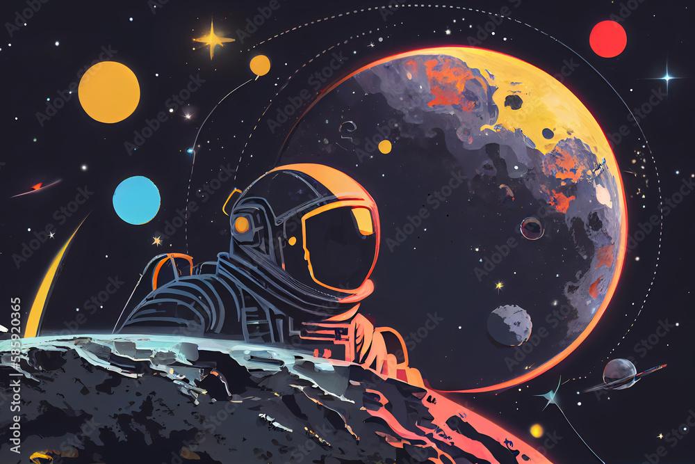 Wall mural Solar system. Colorful planets, galaxy and universe. Astronaut in space. Space cartoon