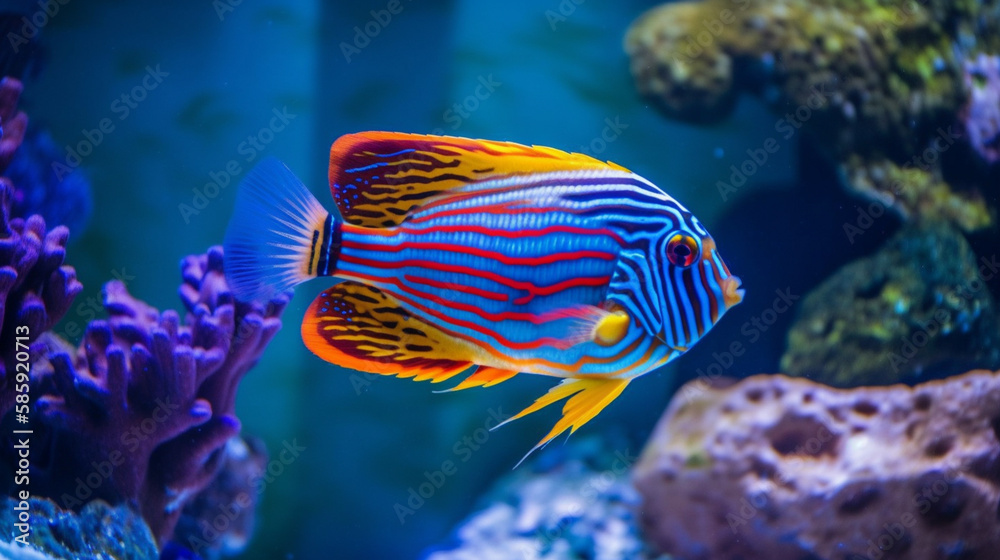 Poster An exotic fish swimming in a colorful aquarium Generative AI