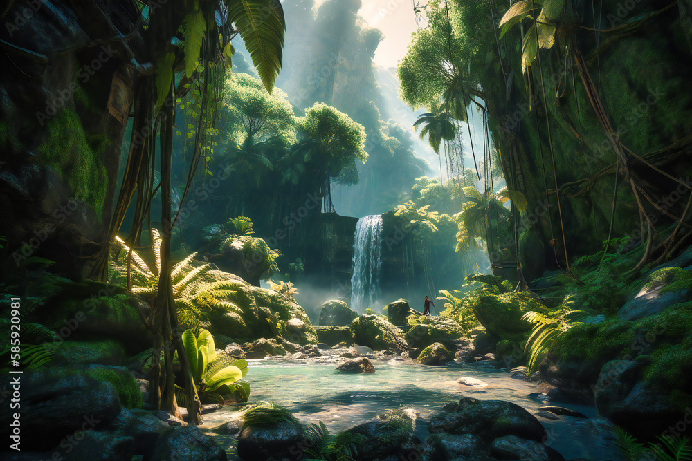 Wall mural A tropical rainforest with exotic animals and cascading waterfalls