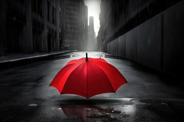  a person holding an umbrella in the middle of a dark alleyway in a city with buildings on either side of the street and a person walking in the middle of the alley.  generative ai