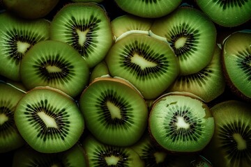  a bunch of kiwis cut in half sitting on top of each other in a pile on a table with other kiwis in the background.  generative ai