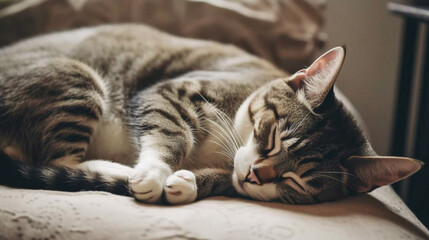 Fototapeta na wymiar A lazy cat sleeping on a pillow Generative AI