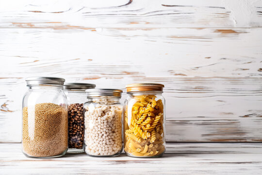 Photo of jars filled with assorted food items for meal preparation or storage. Generative ai