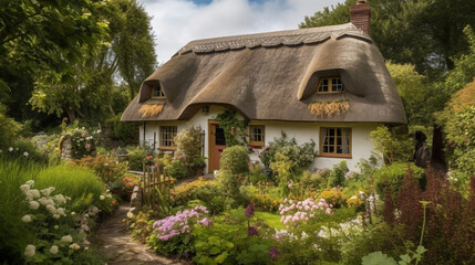 Naklejka na ściany i meble A charming cottage with a thatched roof and a flower Generative AI