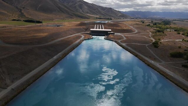 Flight over hydro canals at Ohau C power station, used for hydroelectricity