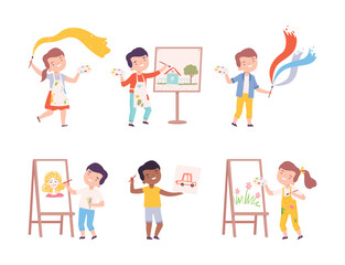 Fototapeta premium Kids Painting on Canvas and Paper with Drawing Easel Vector Set