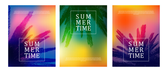 Tropical coconut palm leaves cards with colorful backgrounds. Text frame - obrazy, fototapety, plakaty