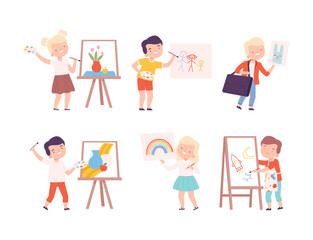Kids Painting on Canvas and Paper with Drawing Easel Vector Set