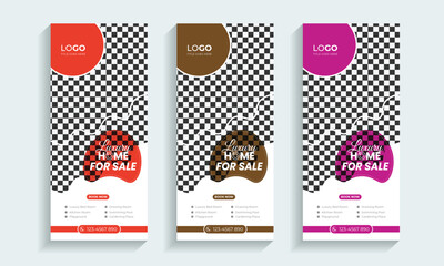 Home Sale Real Estate roll-up banner or cover design template,
Vertical, Horizontal, and luxury backgrounds with standard sizes,
Modern & luxury property, home, or house sale advertising posts.
