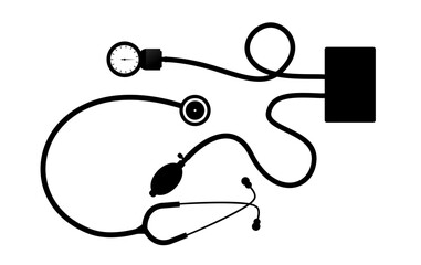 Stethoscope and
medical sphygmomanometer for doctors. health and wellness online concept. with black simple flat style
