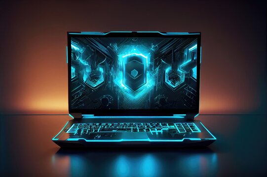Gamer Laptop Glowing Neon With Copy Space Generative AI