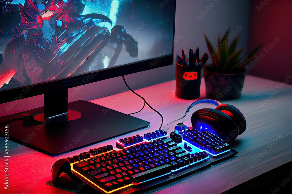 Poster video game computer system glowing neon with copyspace generative ai