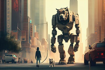 robot walks dog on busy city street, with skyscrapers and people in the background, created with generative ai