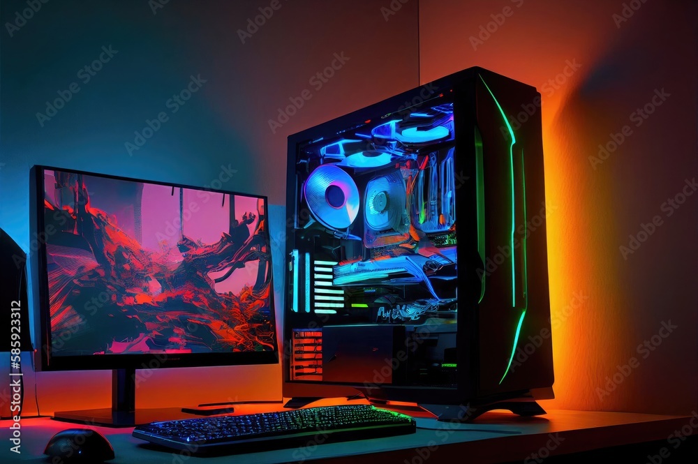 Poster video game computer system neon with copy space generative ai