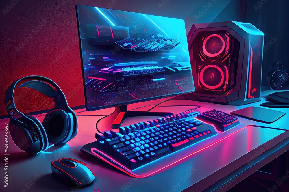 Poster video game computer system neon with copyspace generative ai