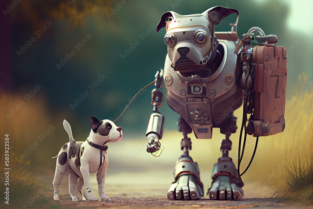 Wall mural robot walks dog with bag of treats and leash in hand, created with generative ai