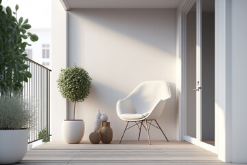 Balcony or veranda in a modern house or apartment with cozy armchair and plant, sunbeam, Generative AI