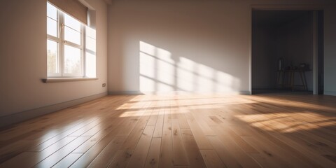 Minimalist Architecture Room: An Empty Room with a Bright Wooden Floor Background, GENERATIVE AI