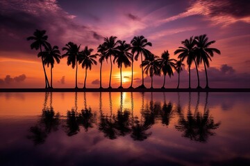 Fototapeta na wymiar Tranquility by the Sea: A Stunning Sunset and Palm Trees on the Beach