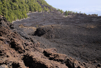 La Palma, long-range popular hiking route Ruta de Los Volcanes, landscapes around 
black crater of El Duraznero volcano, formed in 1949