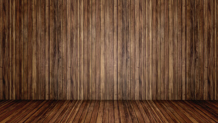 Conceptual vintage or grungy brown background of natural wood or wooden old texture floor and wall as a retro pattern layout. A 3d illustration metaphor to time, material, emptiness,  age or rust