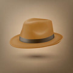 Vector 3d Realistic Brown Vintage Classic Gentleman Hat, Cap Icon Closeup. Front View. Mens Unisex Hat Design Template. Vector Illustration