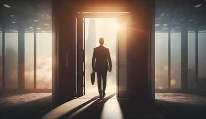 Fototapeta na wymiar Business man walking into unknown world. One man from behind holding a briefcase walking into doorway. AI-generated.