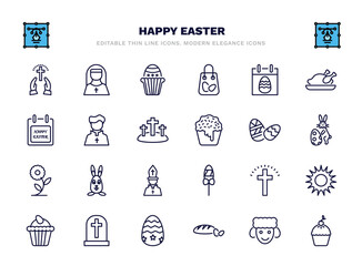 set of happy easter thin line icons. happy easter outline icons such as pray, muffin, easter calendar, priest, egg, bunny, cross, cemetery, bread, pie vector.