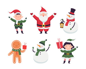 New Year Characters with Santa Claus, Elf, Gingerbread Man and Snowman Vector Set
