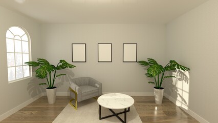 Room with three frames and armchair in white room with two plants and window