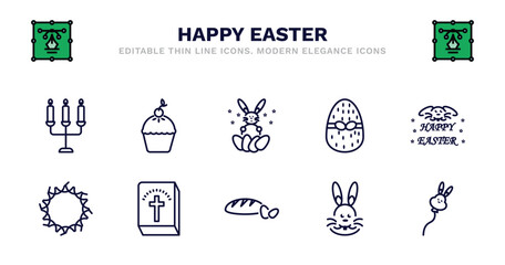 set of happy easter thin line icons. happy easter outline icons such as pie, happy easter, egg, crown of throns, crown of throns, bible, bread, bunny, balloon vector.