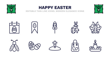 set of happy easter thin line icons. happy easter outline icons such as banner, candy, easter bunny, butterfly, ladybug, ladybug, egg, resurrection, shopping bag, candle vector.
