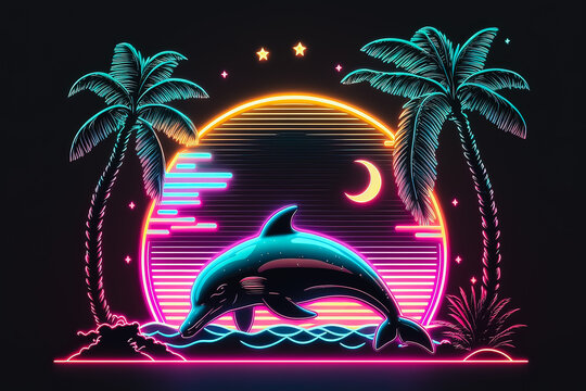 A dolphin jumping out of the water at sunset or sunrise. Summer vacation near the sea, ocean concept. Retrowave style. Generative AI