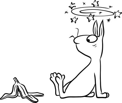 Titel	
Witzige Cartoon Illustration von einem ungeschickten Hasen, der auf einer Banane ausgerutscht auf dem Boden sitzt und Sternchen sieht
